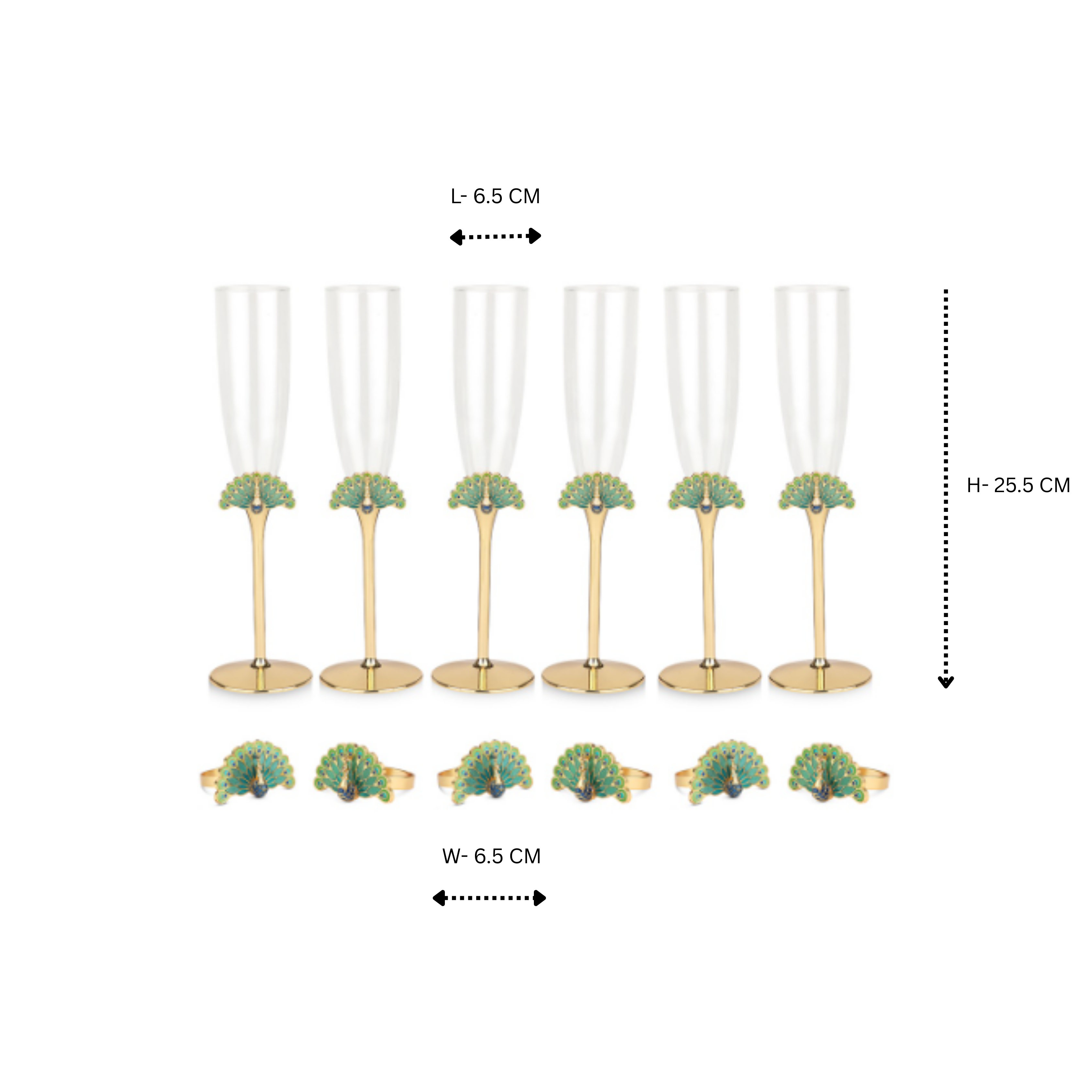 Set of 6 PEACOCK CHAMPAGNE GLASS Gold