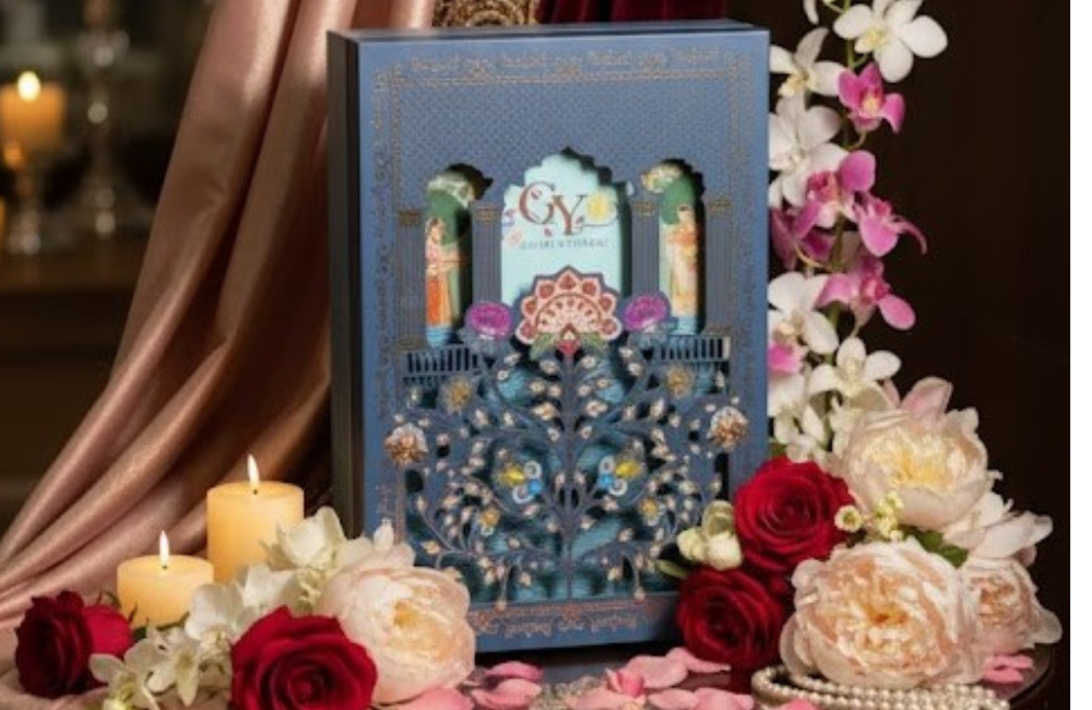 Regal Blue Ornate Invitation Display with Floral Grandeur