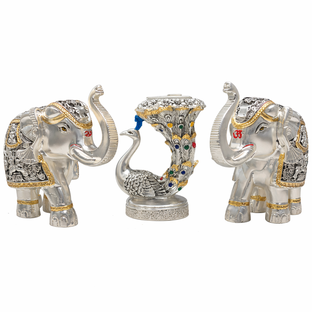 Pair of silver elephant & peacock tea light- Silver
