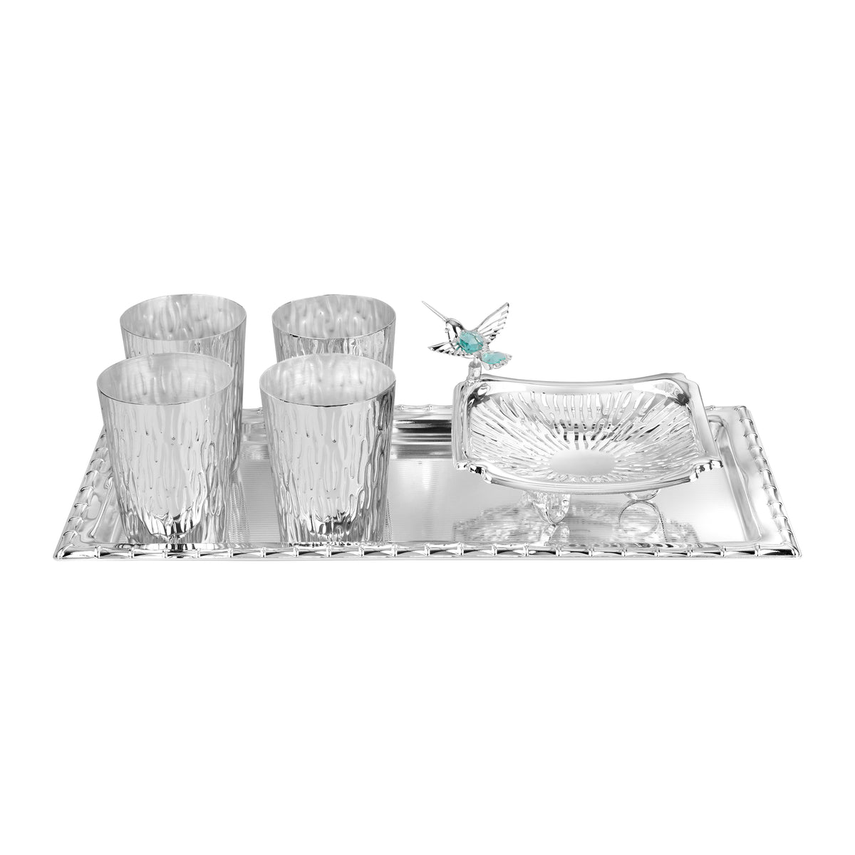 Set of 4 Glasses with Fly Bird Server & Rect. Tray