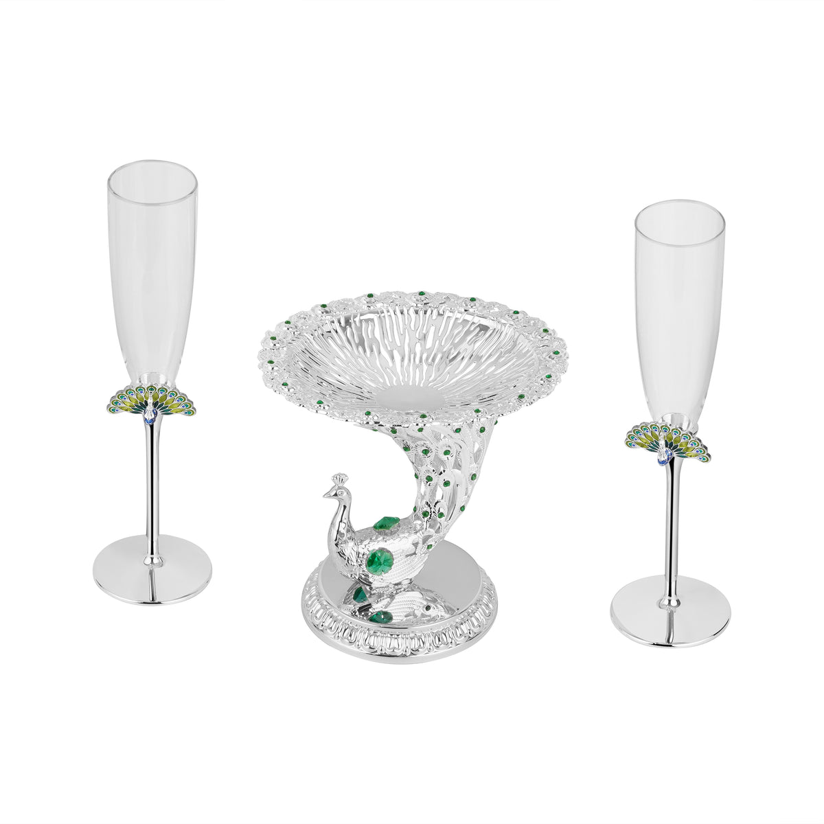 Peacock server with stand & champagne glass set