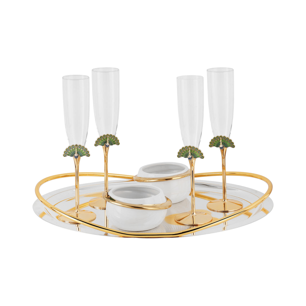 Set of 4 Peacock Champagne with 2 Sweet Bowls & Intricate Oval Tray