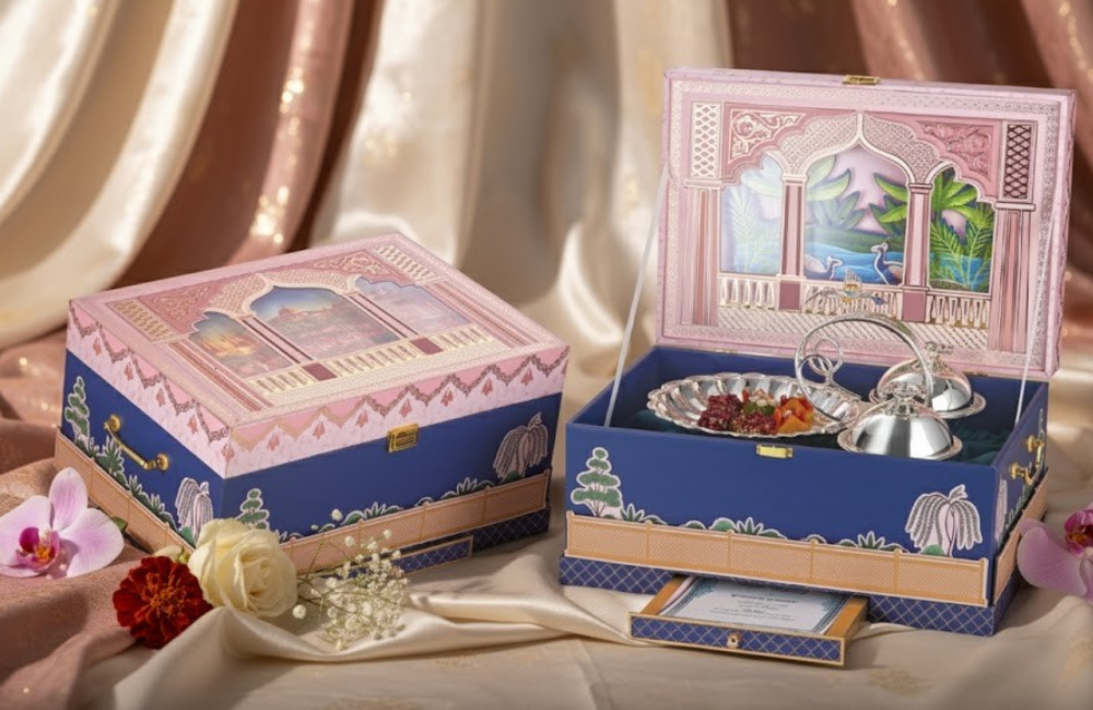 Handcrafted Royal Blue & Blush Gift Boxes with Palace Artwork