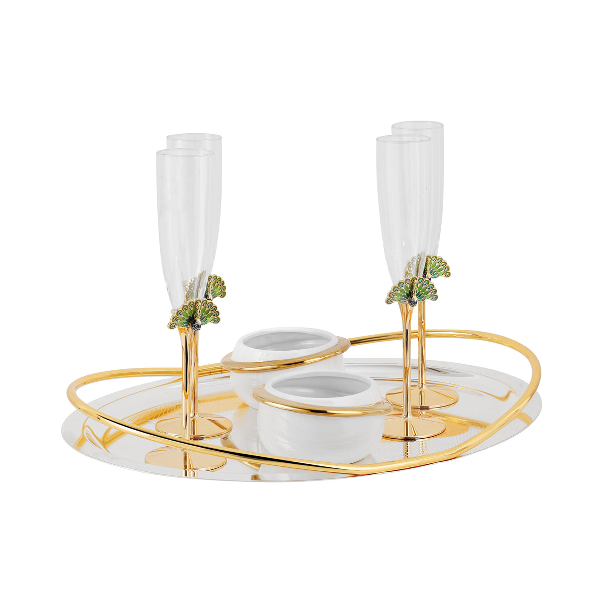 Set of 4 Peacock Champagne with 2 Sweet Bowls & Intricate Oval Tray