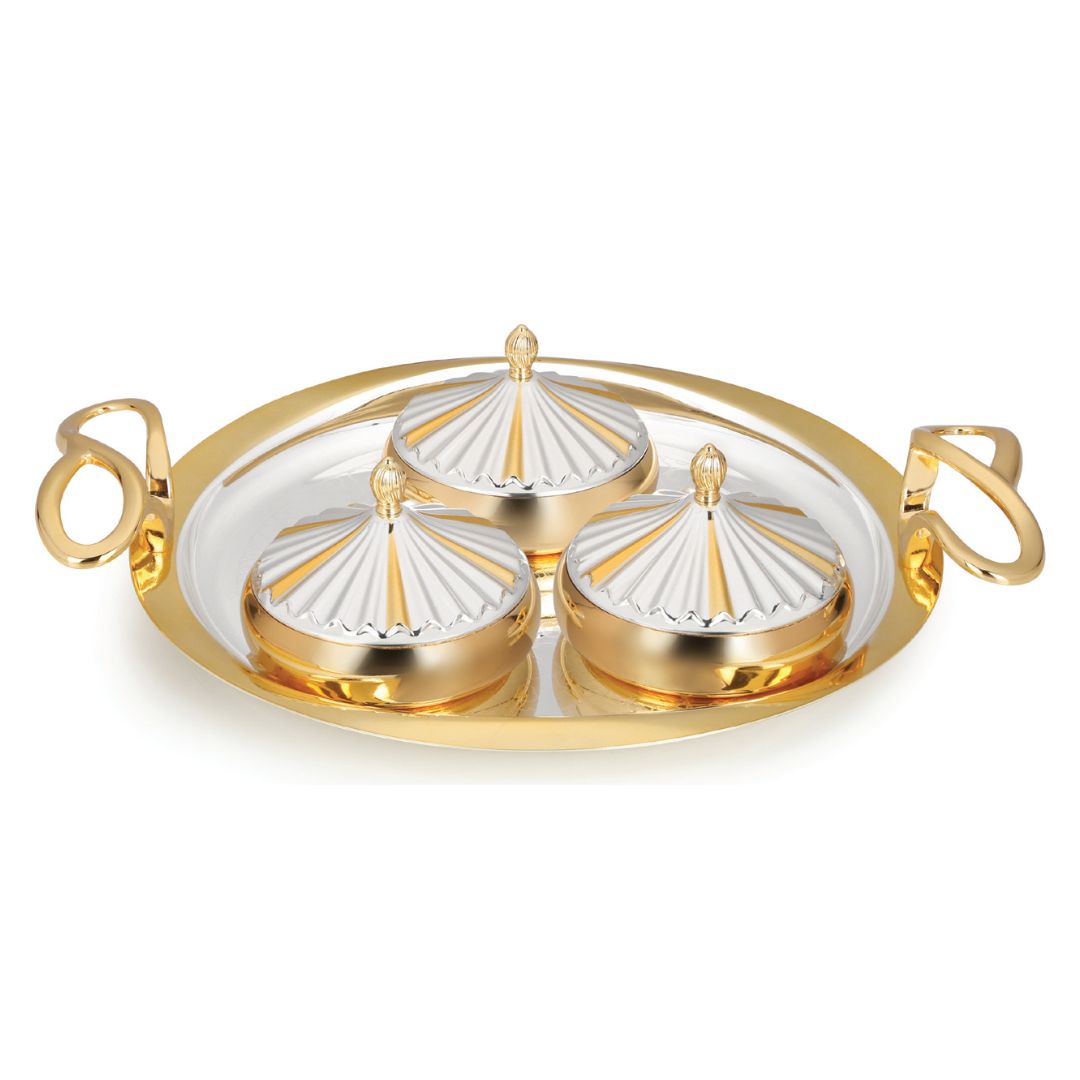 Medium Designer Round Golden Handle Tray with 3 Aladin Bowls