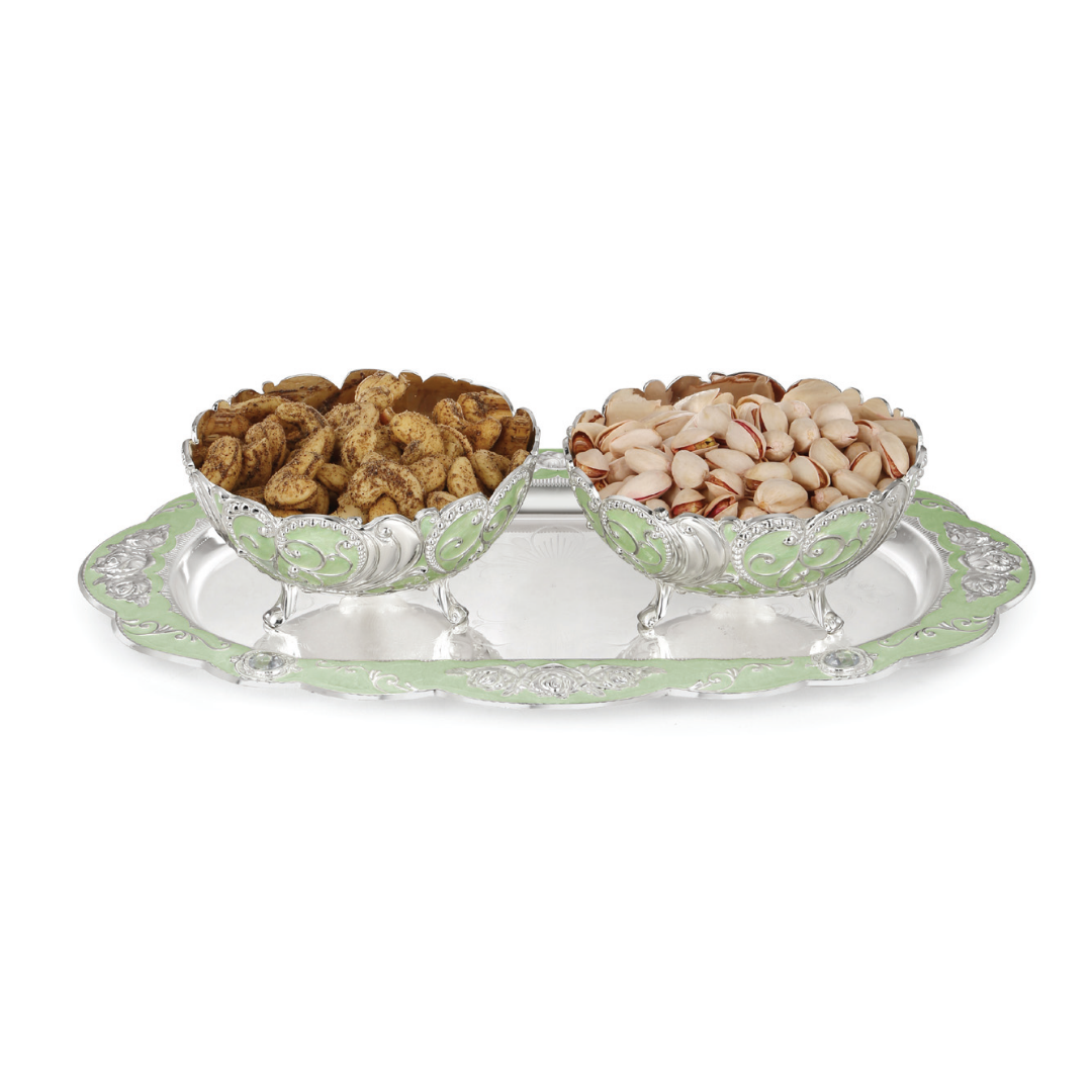 Oval Tray with 2 Enamel Bowl Green