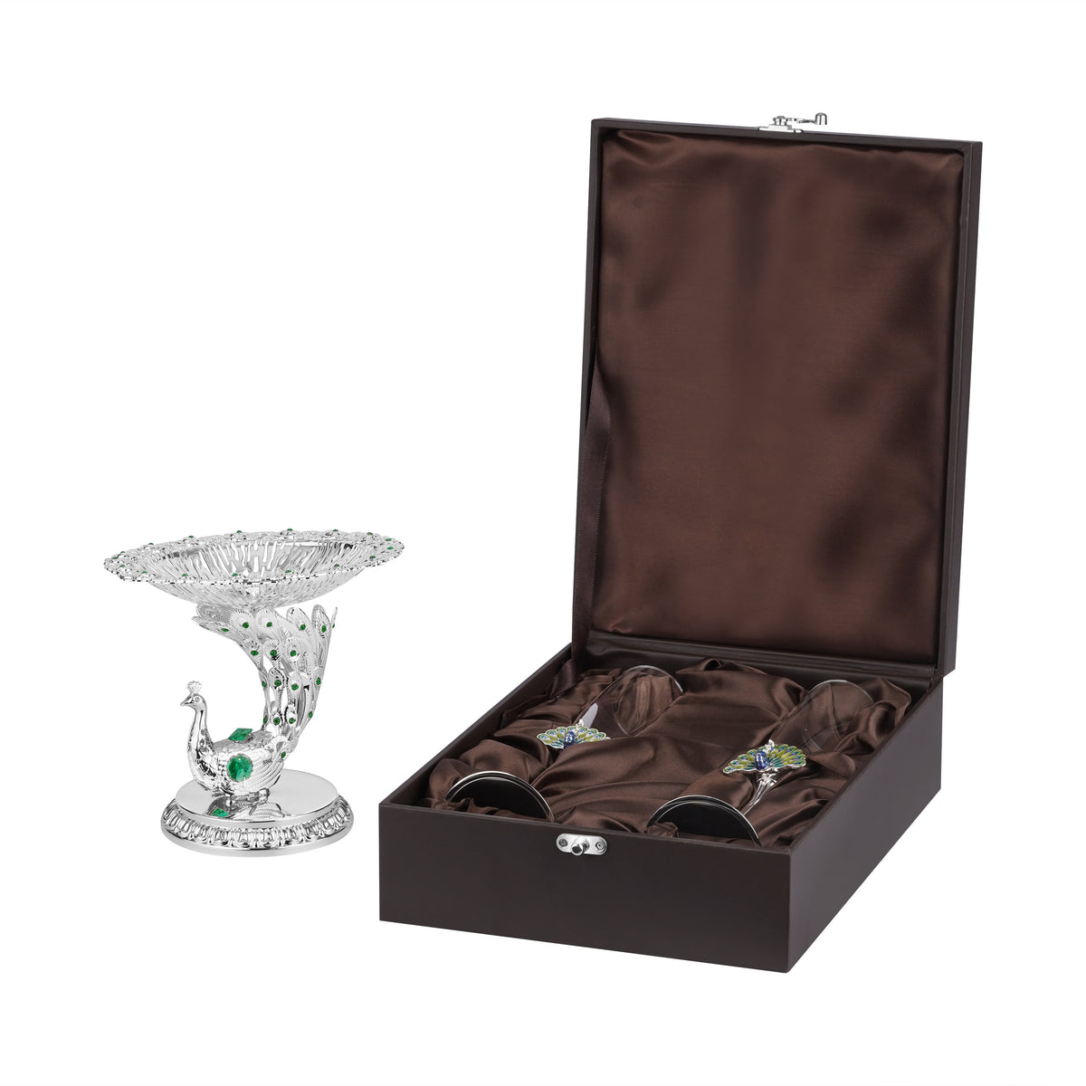 Peacock server with stand & champagne glass set