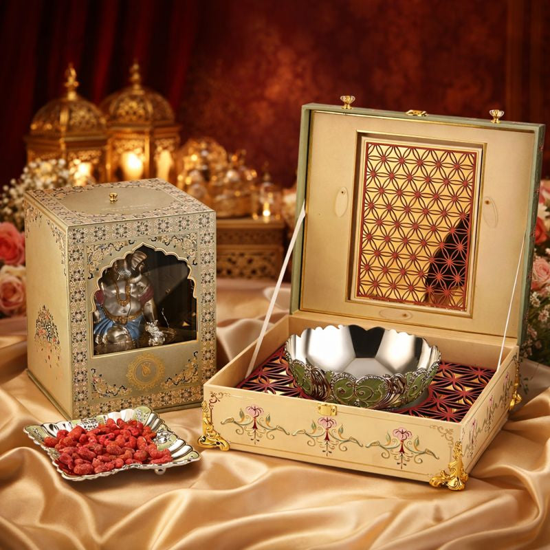 Luxury Handcrafted Pooja Gift Box with Silver Bowl & Ganesh Idol