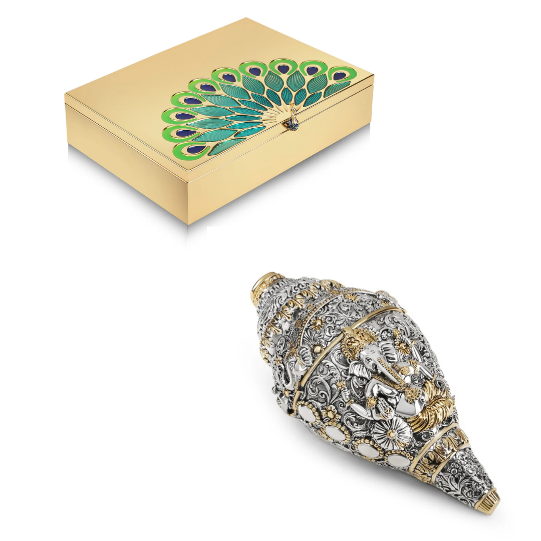 Ganesha Shankh with Peacock Dryfruit Box Dual Tone