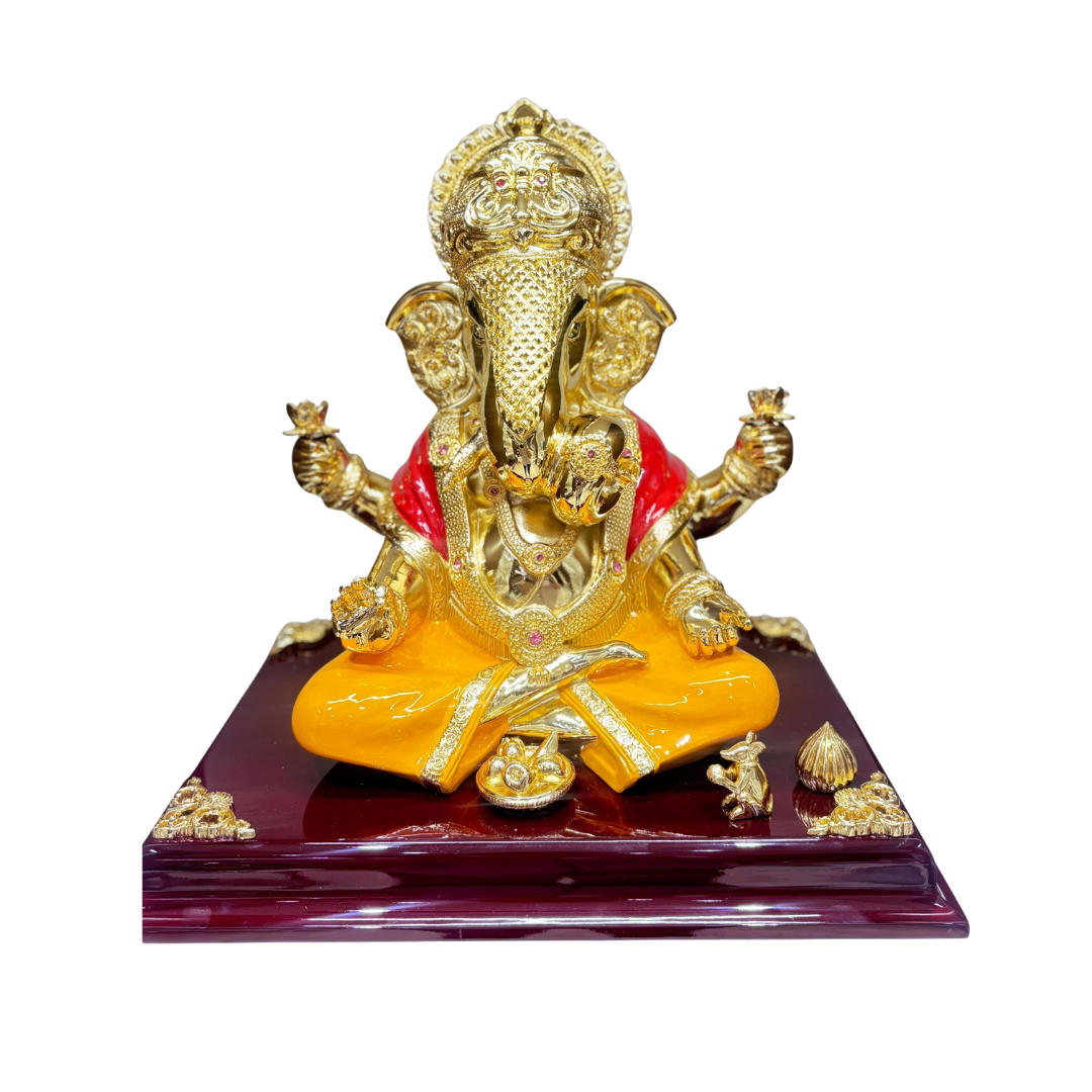 Dagdu Ganesha on Wooden Base Golden
