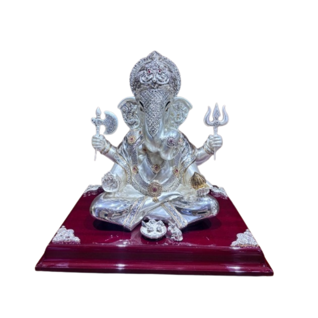 Dagdu Ganesha on Wooden Base Silver