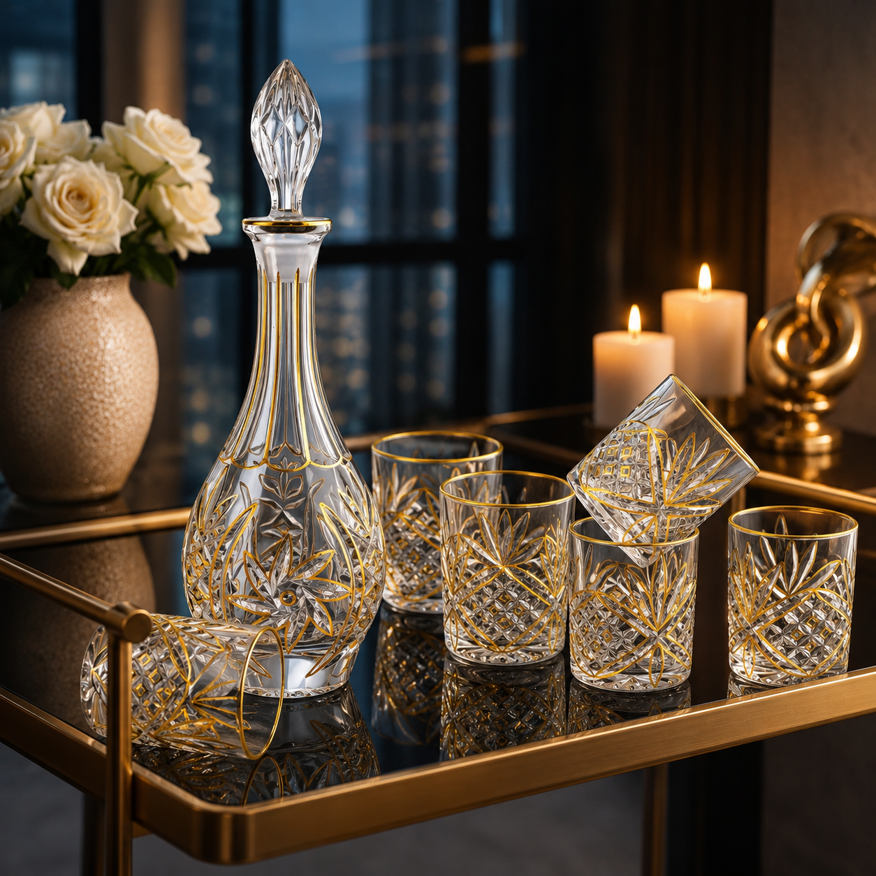 6 glass with decanter flower blooming design