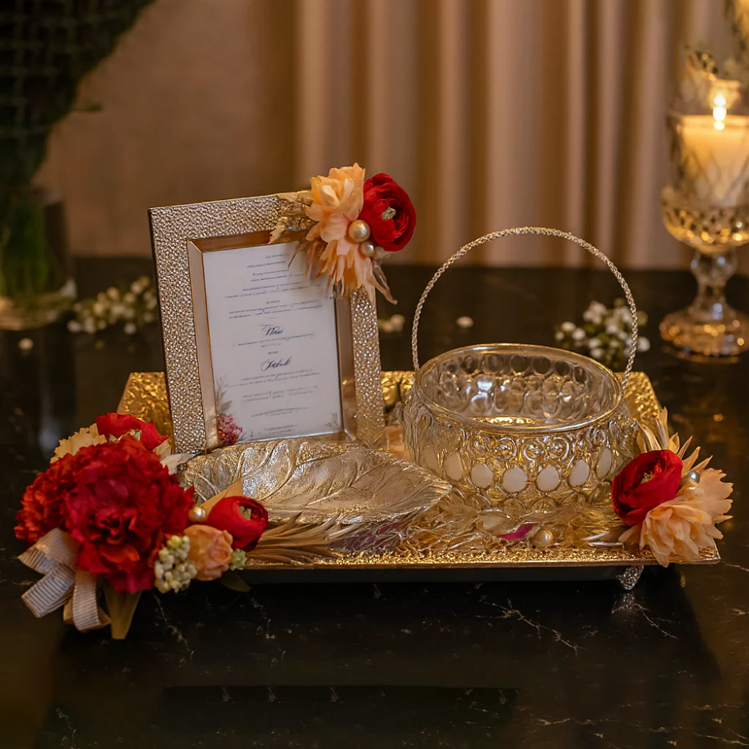 Elegant Wedding Tray Display with Invitation & Floral Detailing