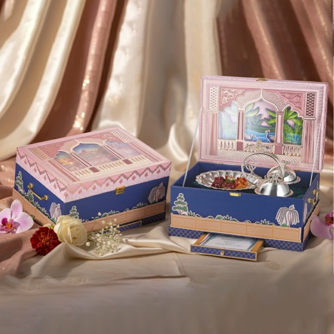 Handcrafted Royal Blue & Blush Gift Boxes with Palace Artwork