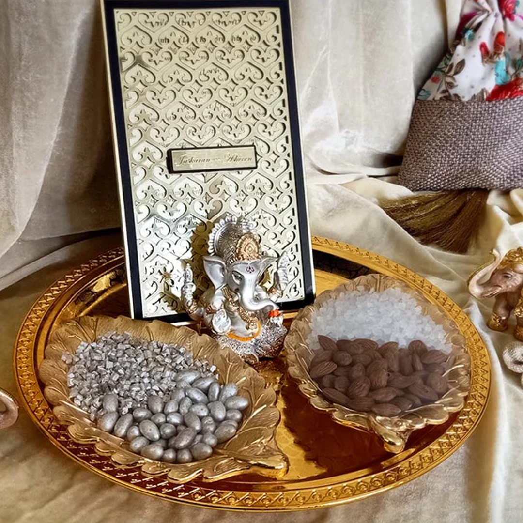 Golden Wedding Dry Fruit Tray with Ganesh Idol and Leaf Bowls