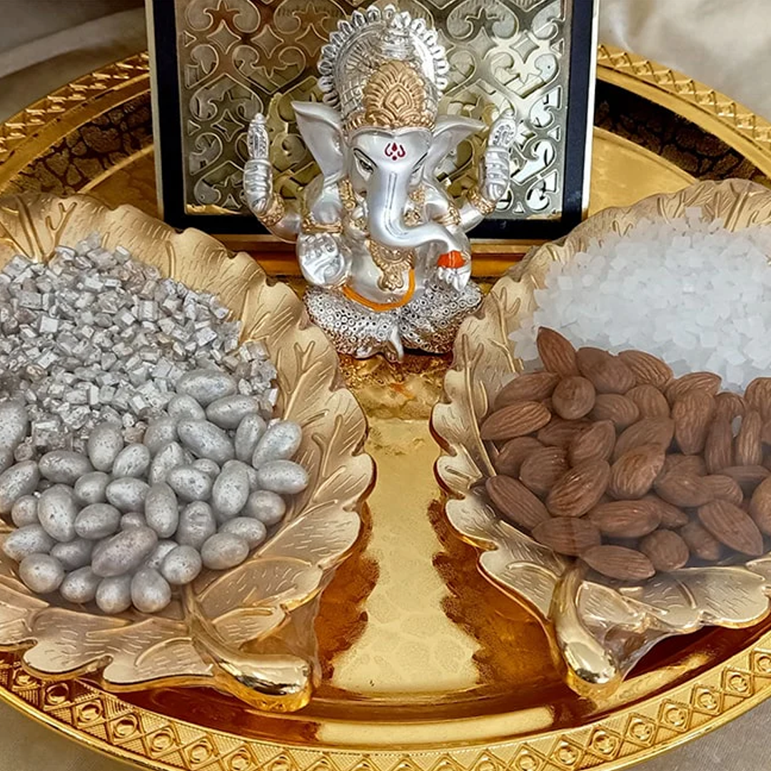 Golden Wedding Dry Fruit Tray with Ganesh Idol and Leaf Bowls