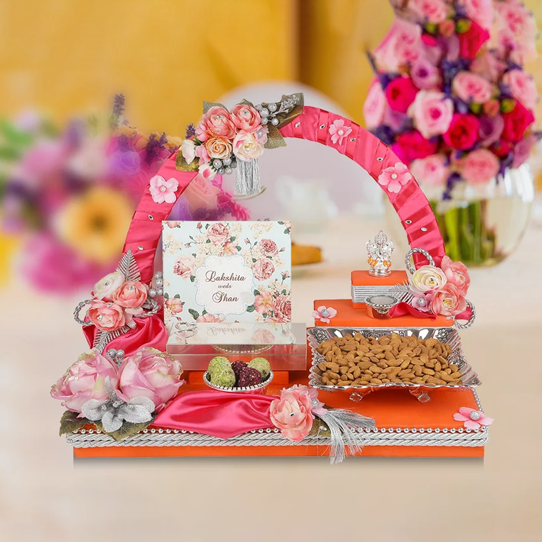 Designer Engagement Invitation Box with Floral Arch and Dry Fruits