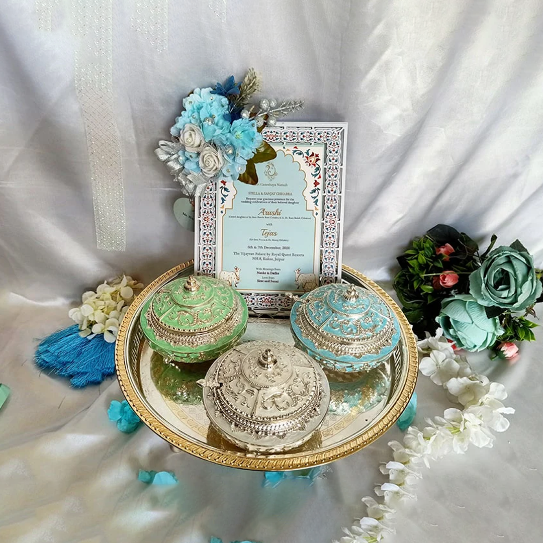 Elegant Royal Invitation Box with Ornate Silver & Enamel Jars