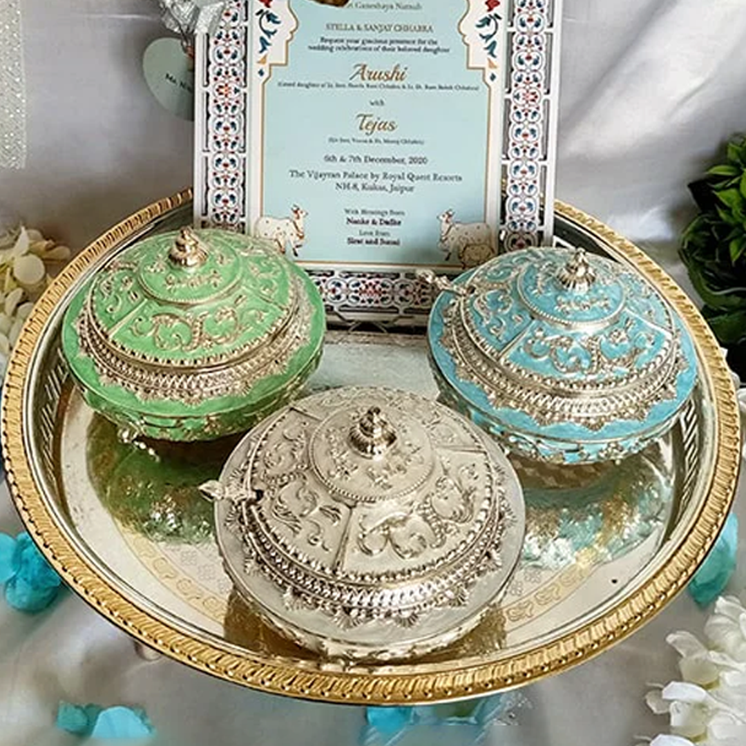 Elegant Royal Invitation Box with Ornate Silver & Enamel Jars