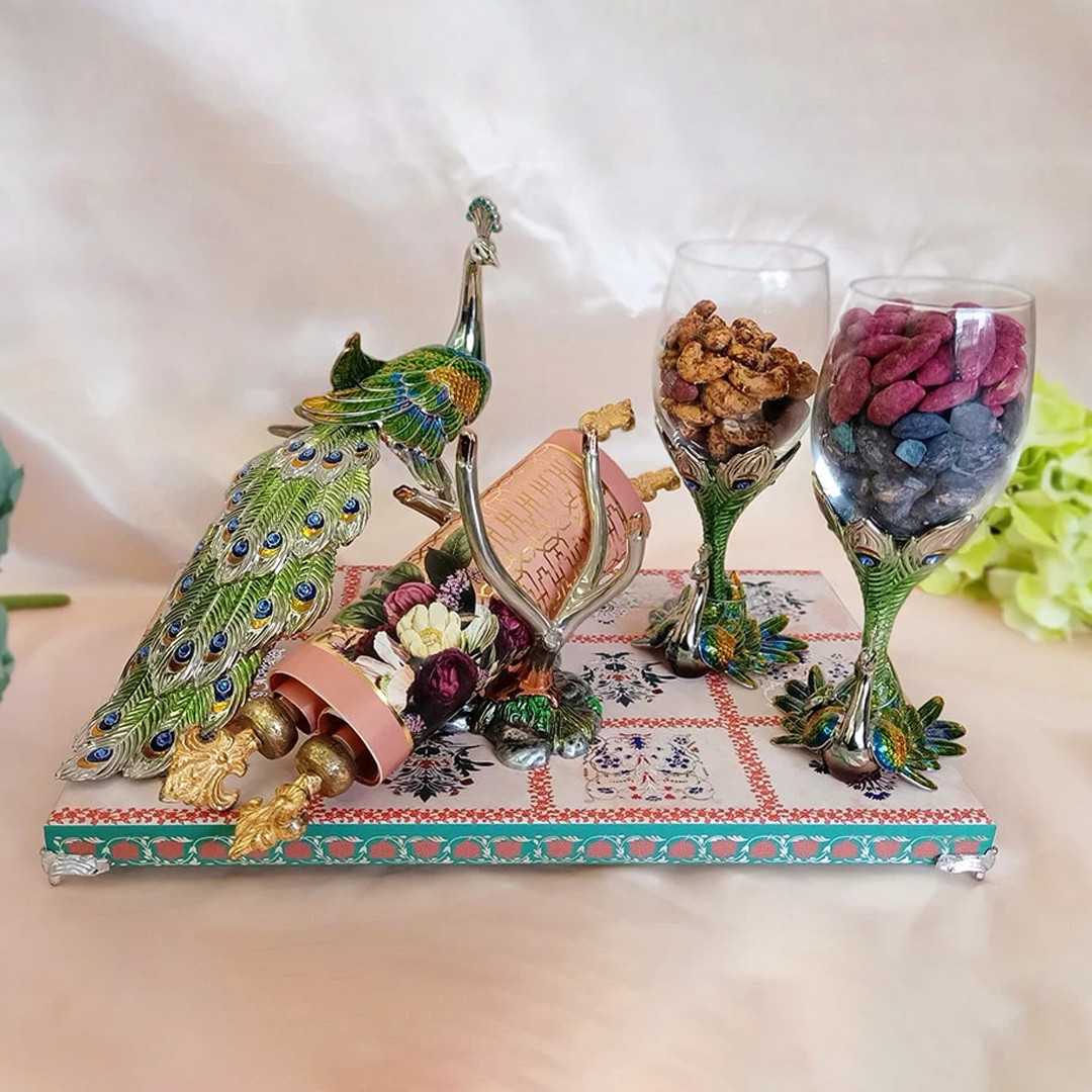Peacock-Themed Royal Invitation Box with Goblet Dry Fruit Display