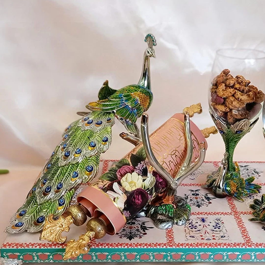 Peacock-Themed Royal Invitation Box with Goblet Dry Fruit Display