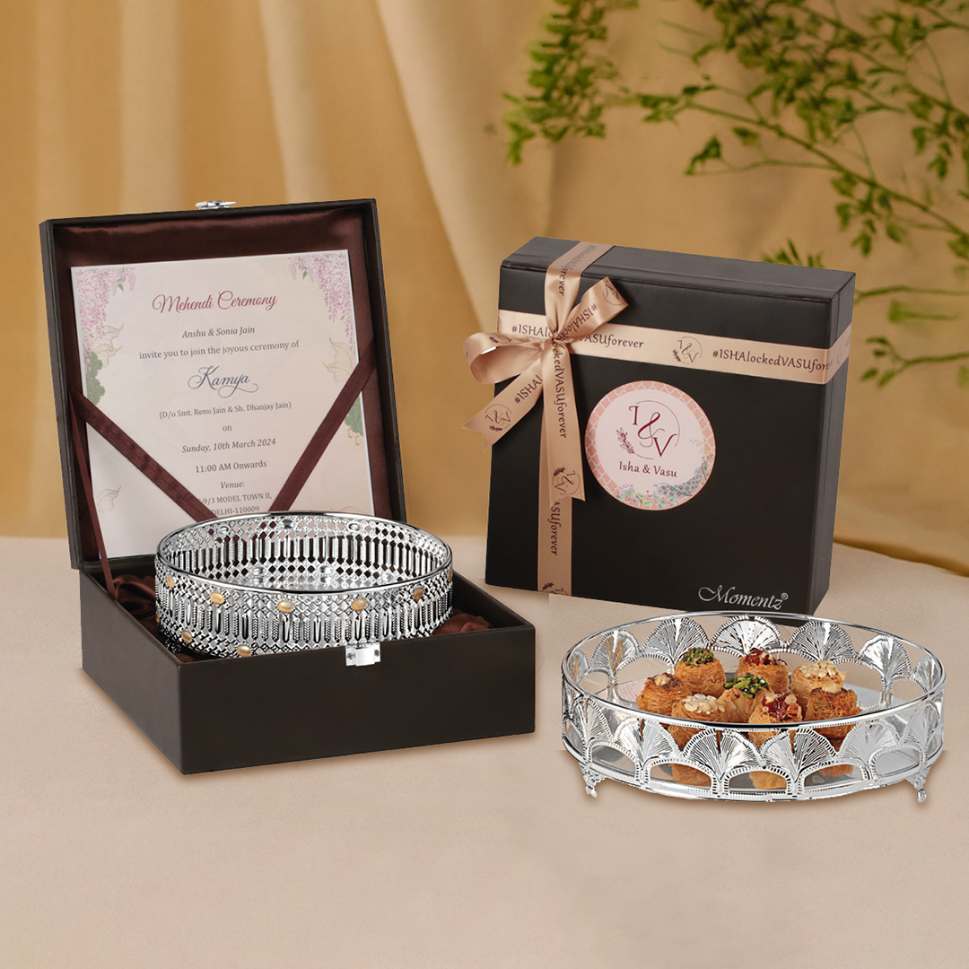 Elegant Wedding Invitation Box with Designer Silver Platter