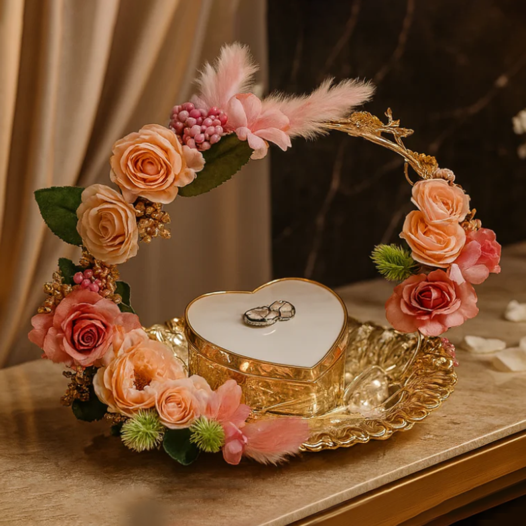 Romantic Ring Ceremony Flatlay with Floral Accents