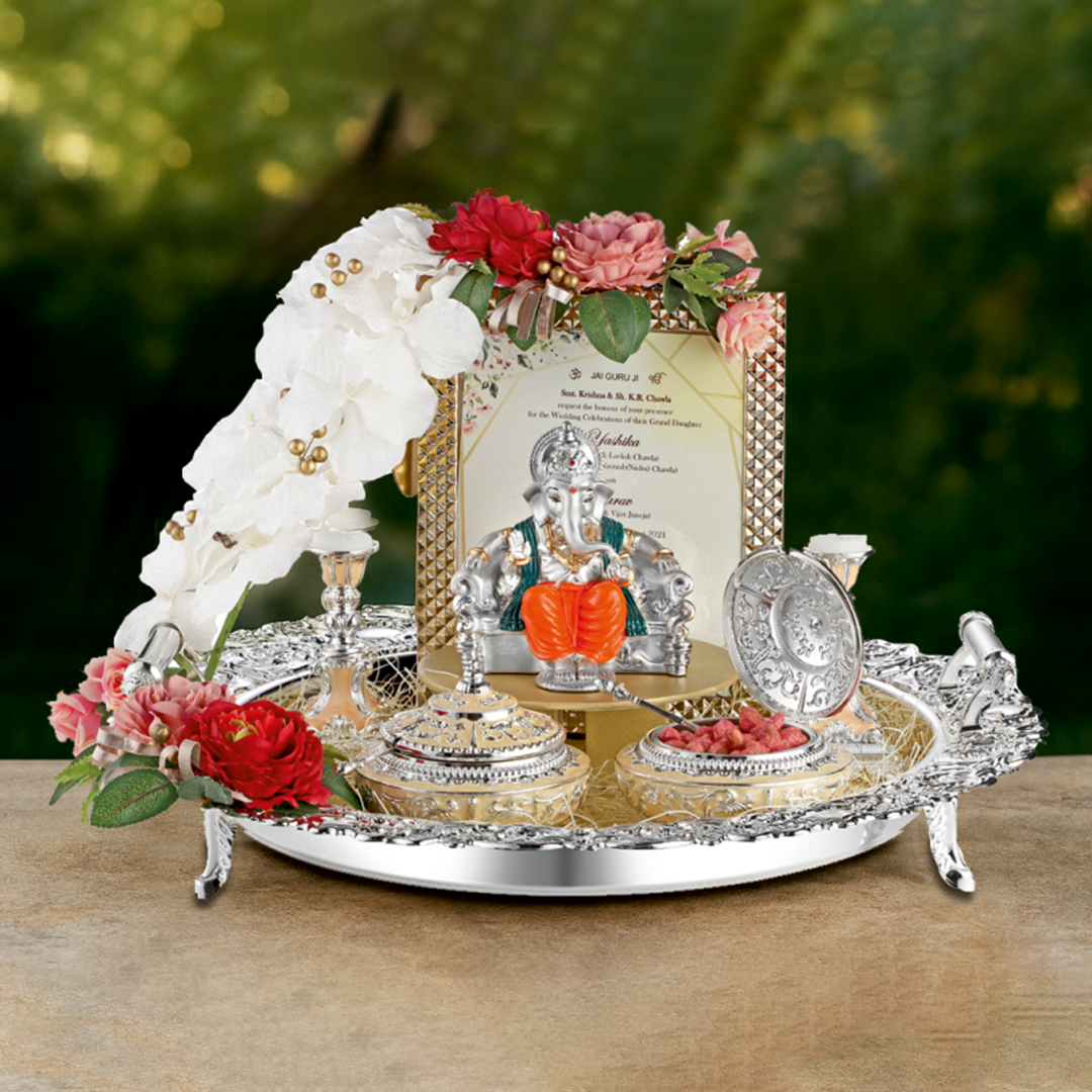 Luxury Wedding Invitation Tray with Ganesh Idol and Floral Accents