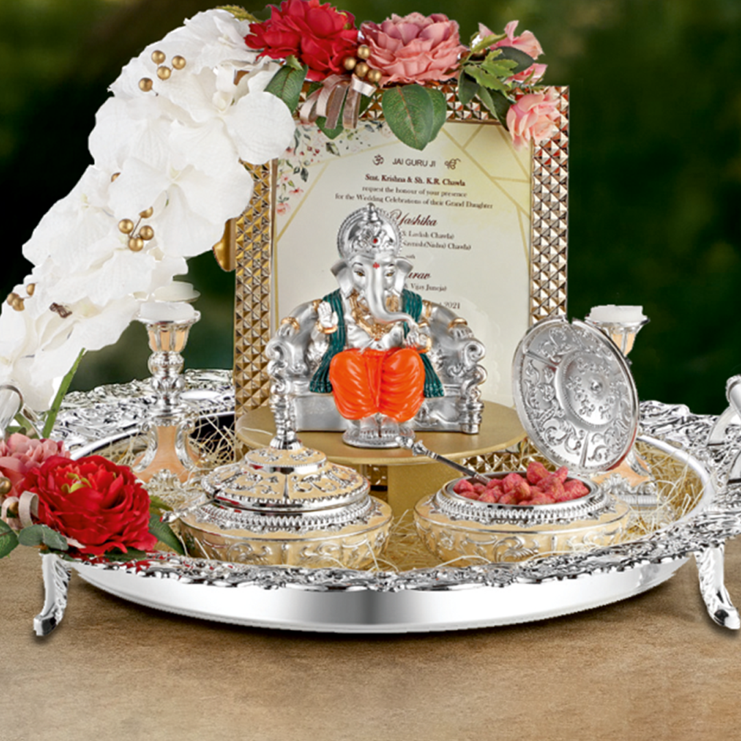 Luxury Wedding Invitation Tray with Ganesh Idol and Floral Accents