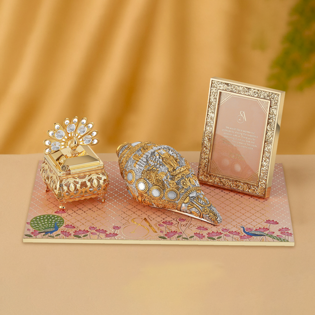 Regal Wedding Invitation Box with Decorative Shankh and Peacock Keepsake