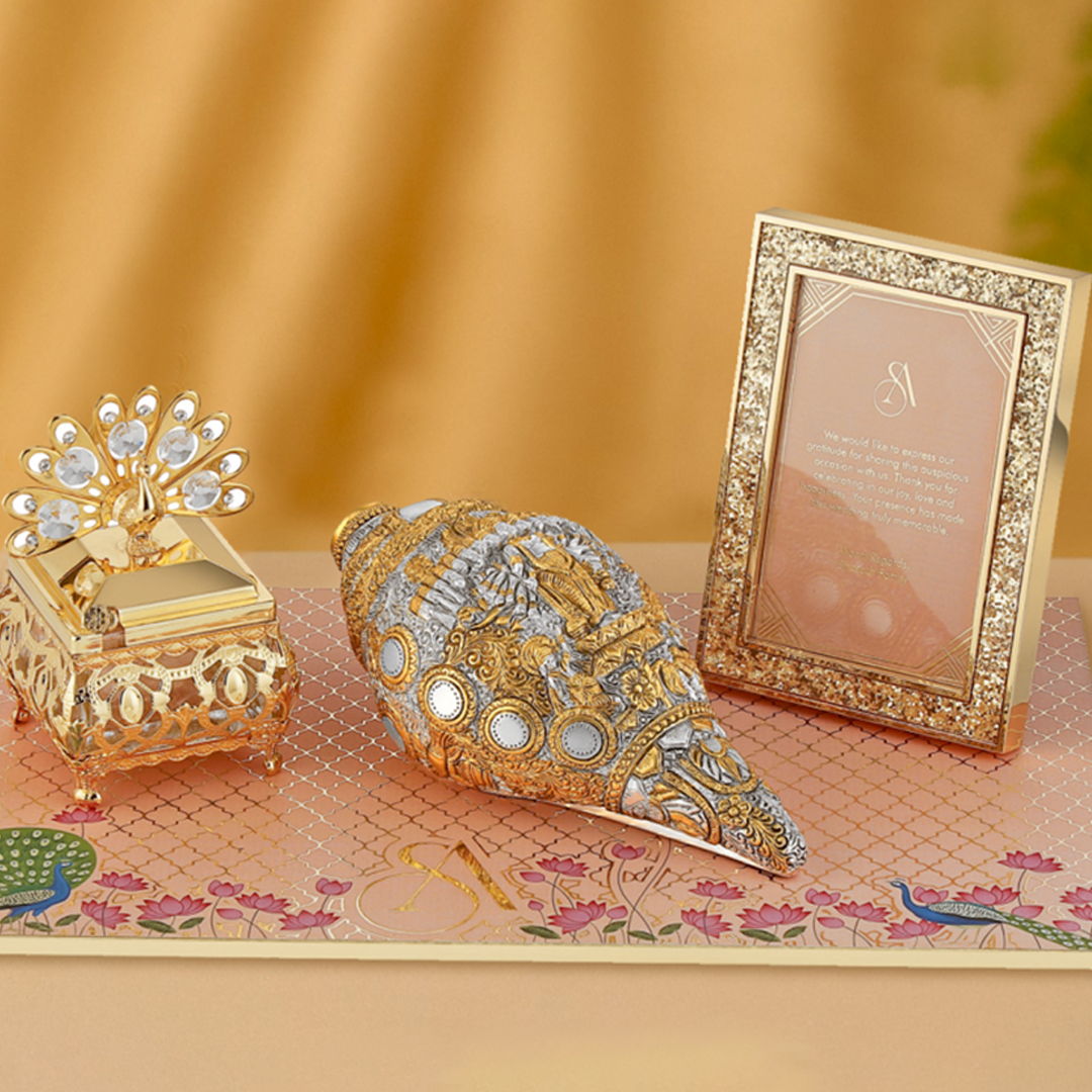 Regal Wedding Invitation Box with Decorative Shankh and Peacock Keepsake