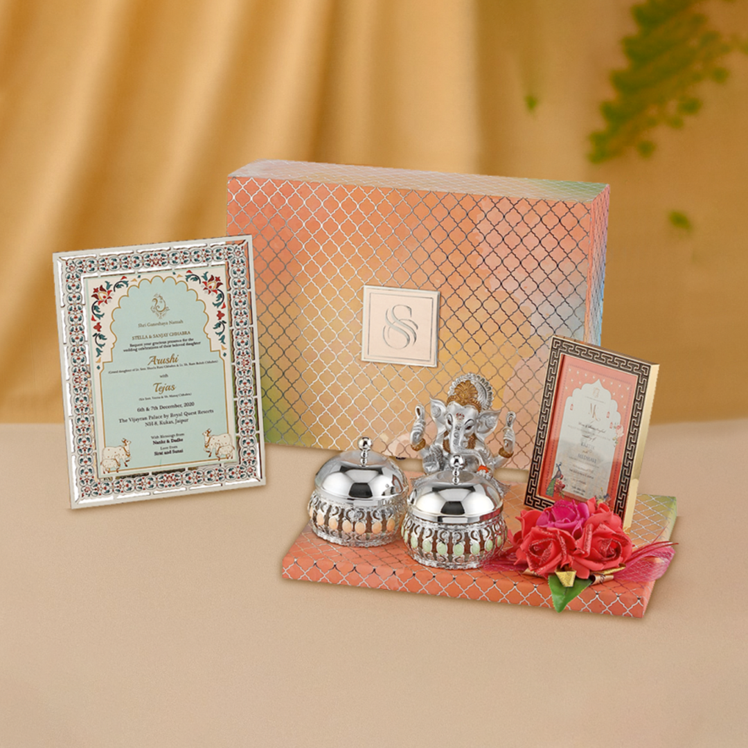 Traditional Indian Wedding Invitation Box with Ganesh Idol & Silver Bowls
