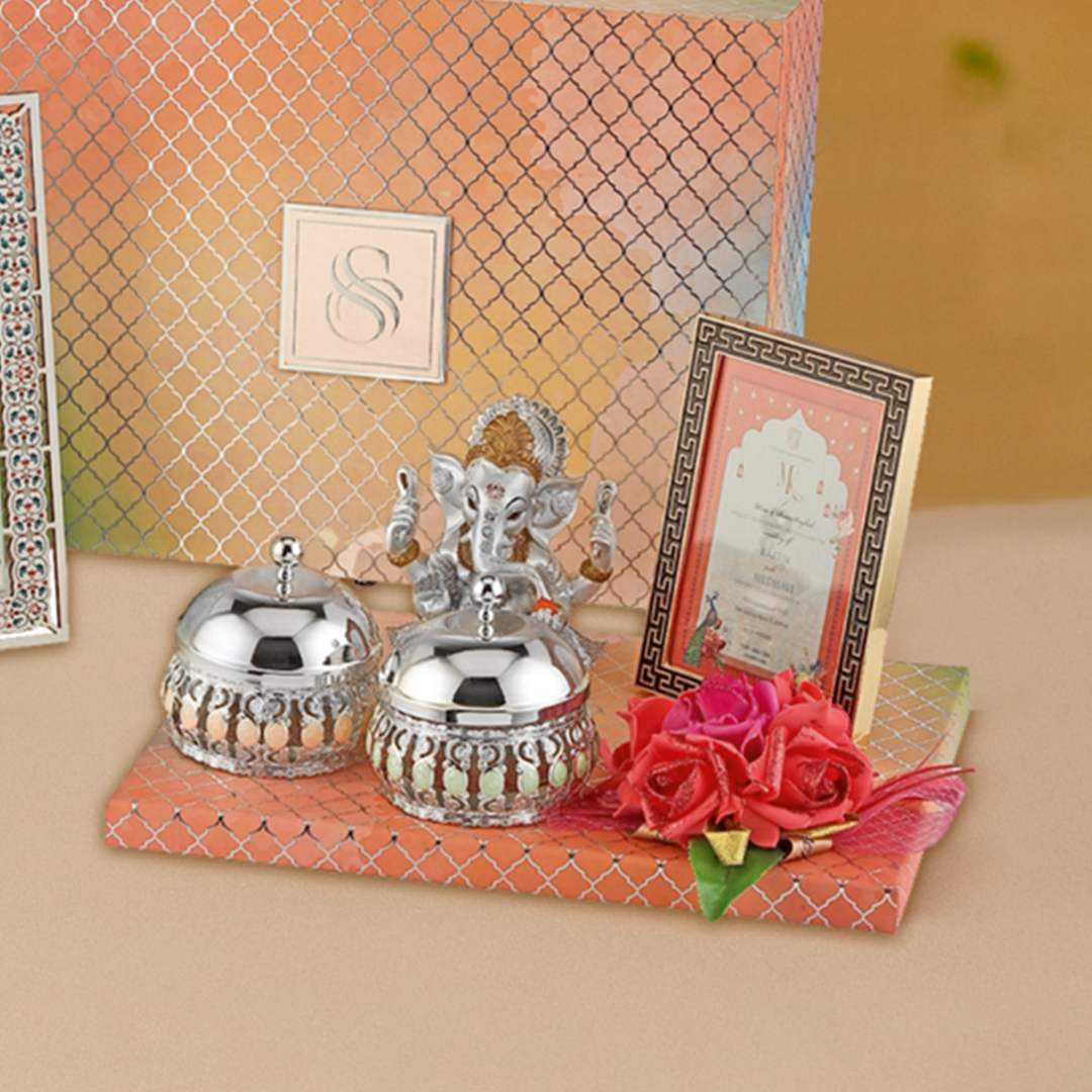Traditional Indian Wedding Invitation Box with Ganesh Idol & Silver Bowls
