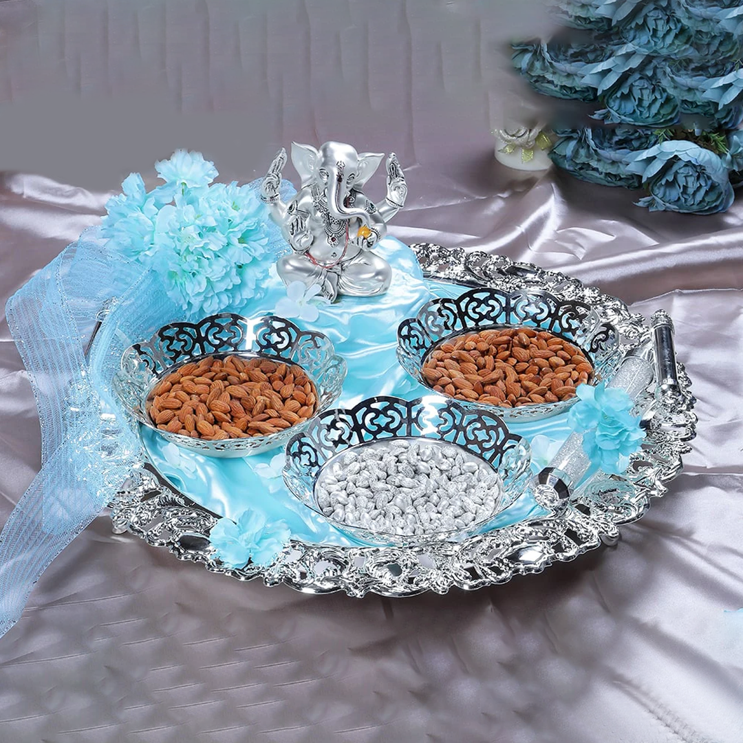 Elegant Silver Dry Fruit Tray with Ganesha Idol and Aqua Blue Accents