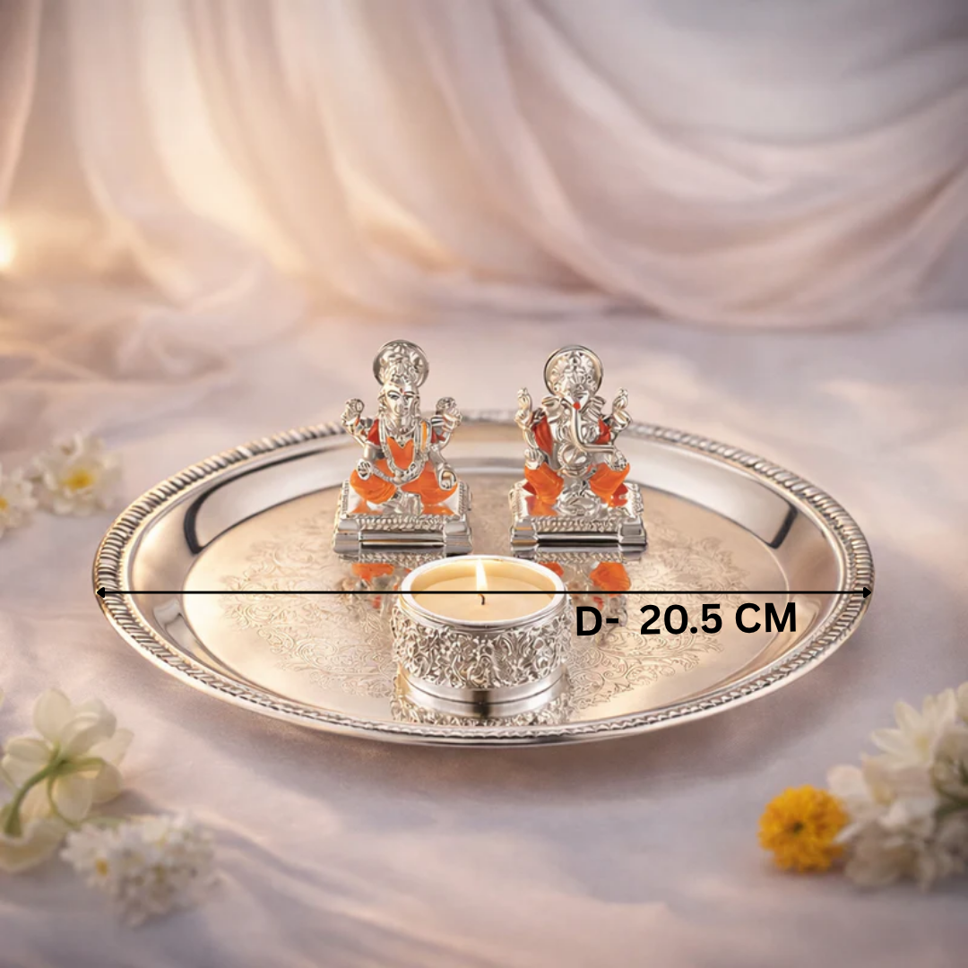 Puja Thali WIth Small Lakshmi Ganesh ji & Tea Light- Colored
