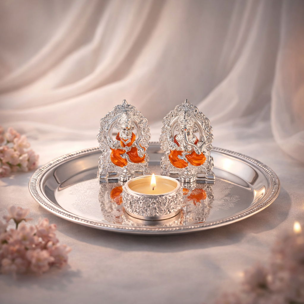 Puja Thali Set with Small Lakshmi Ganesh Ji & Tea Light | Buy Online Diwali Gift Product