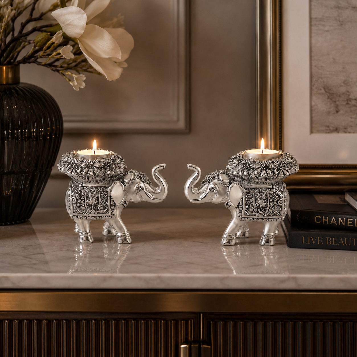 Silver-Plated Elephant Tealight Candle Holder Set of 2