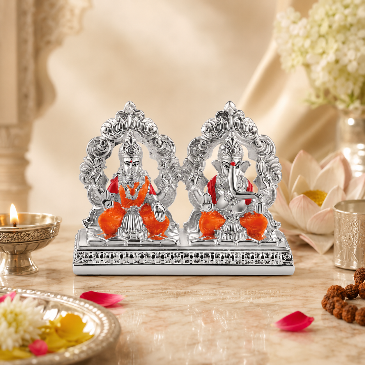 Divine Lakshmi Ganesha Twin Arch Silver Idol Pair