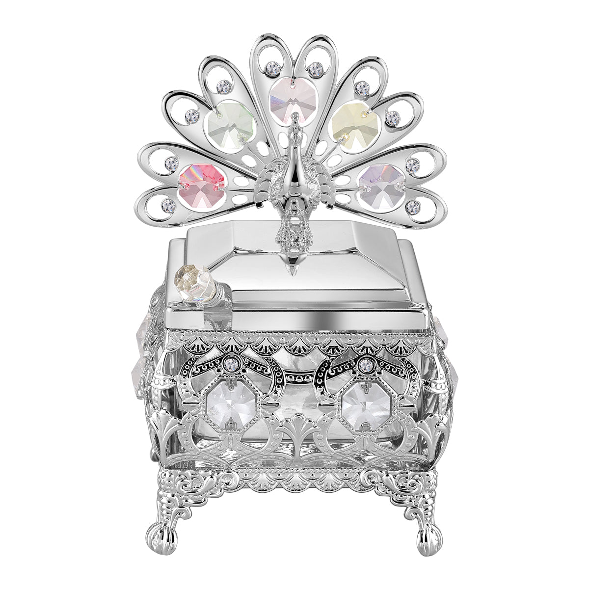 Peacock Sugar Bowl With Spoon Silver Colored Crystal