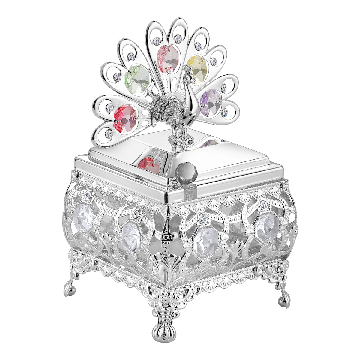 Peacock Sugar Bowl With Spoon Silver Colored Crystal