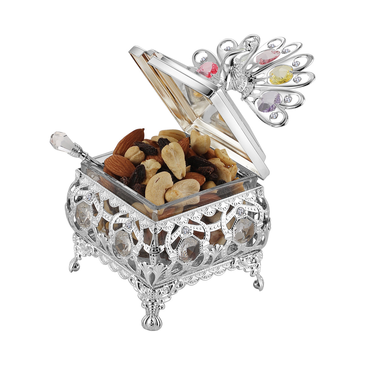 Peacock Sugar Bowl With Spoon Silver Colored Crystal