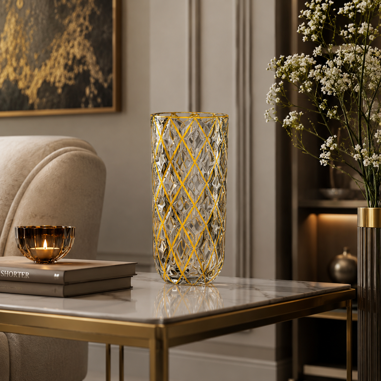 Rhombus design vase with golden lining
