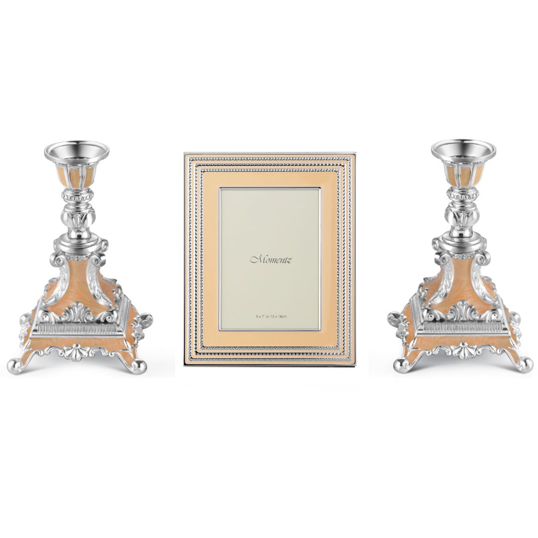 Premium Peach-Tone Silver-Plated Frame & Candle Holder Set