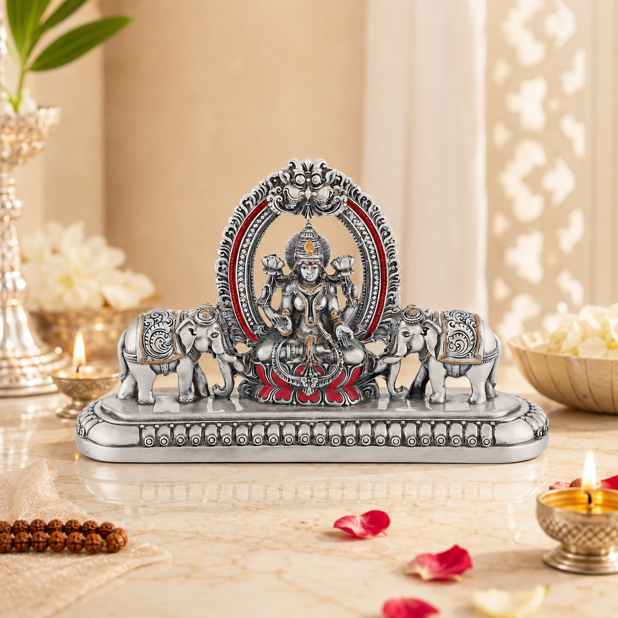 Maa Lakshmi Wealth & Prosperity Silver Idol with Elephants