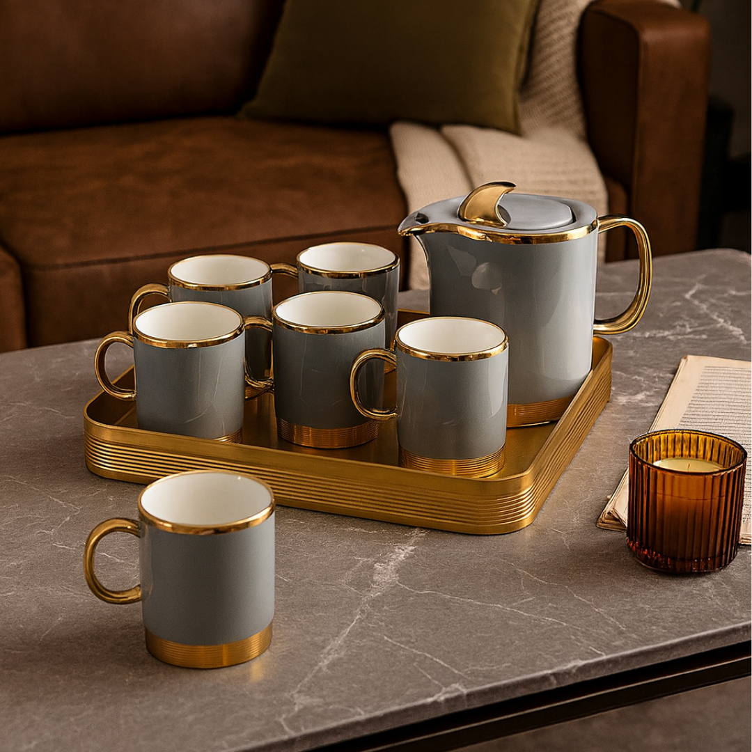 8 PC EXECUTIVE TEA SET WITH TRAY-Shiny Grey