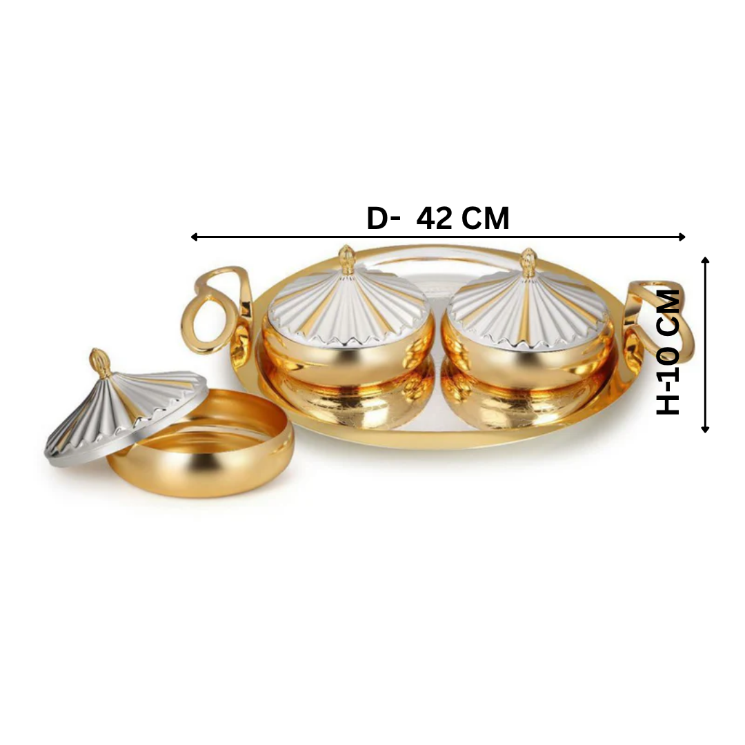 Large Designer Round Golden Handle Tray with 3 Aladin Bowls
