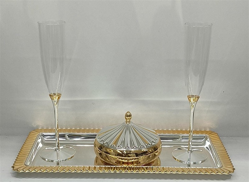 Set of 2 Champagne Flute + Aladin Bowl With Stripped Design Rectangle Tray (MZ-23016+MZ-23050+MZ-23400-401)
