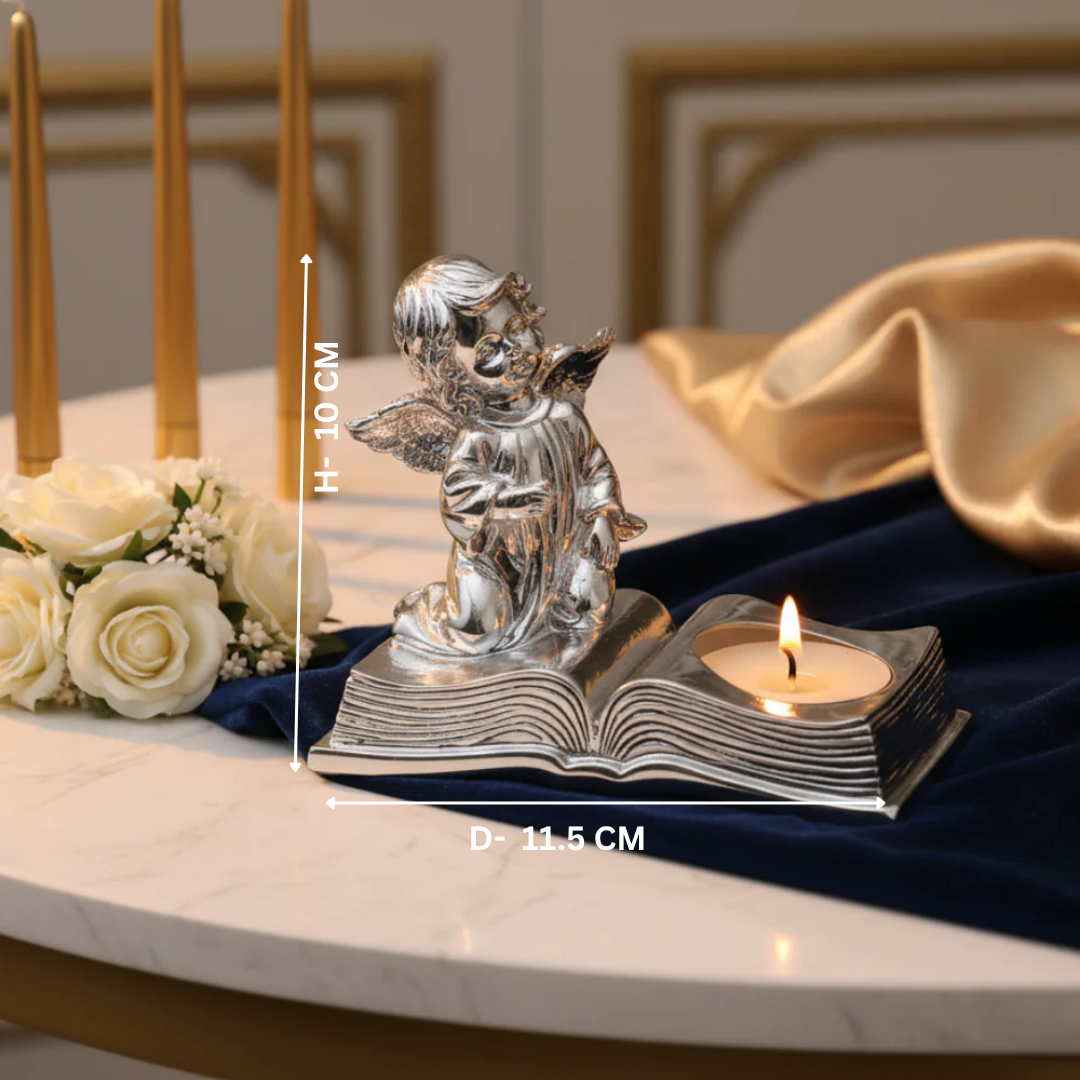 Angel with Book Tealight Silver Glossy