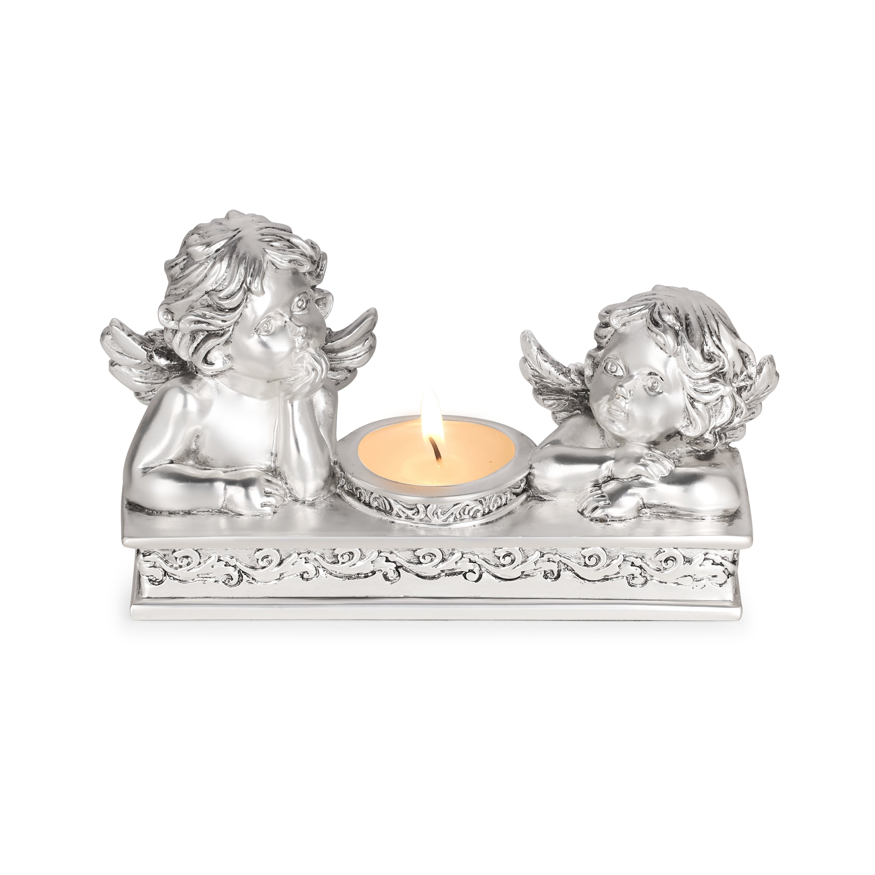 Pair of Angel Flower Tea Light Silver Glossy