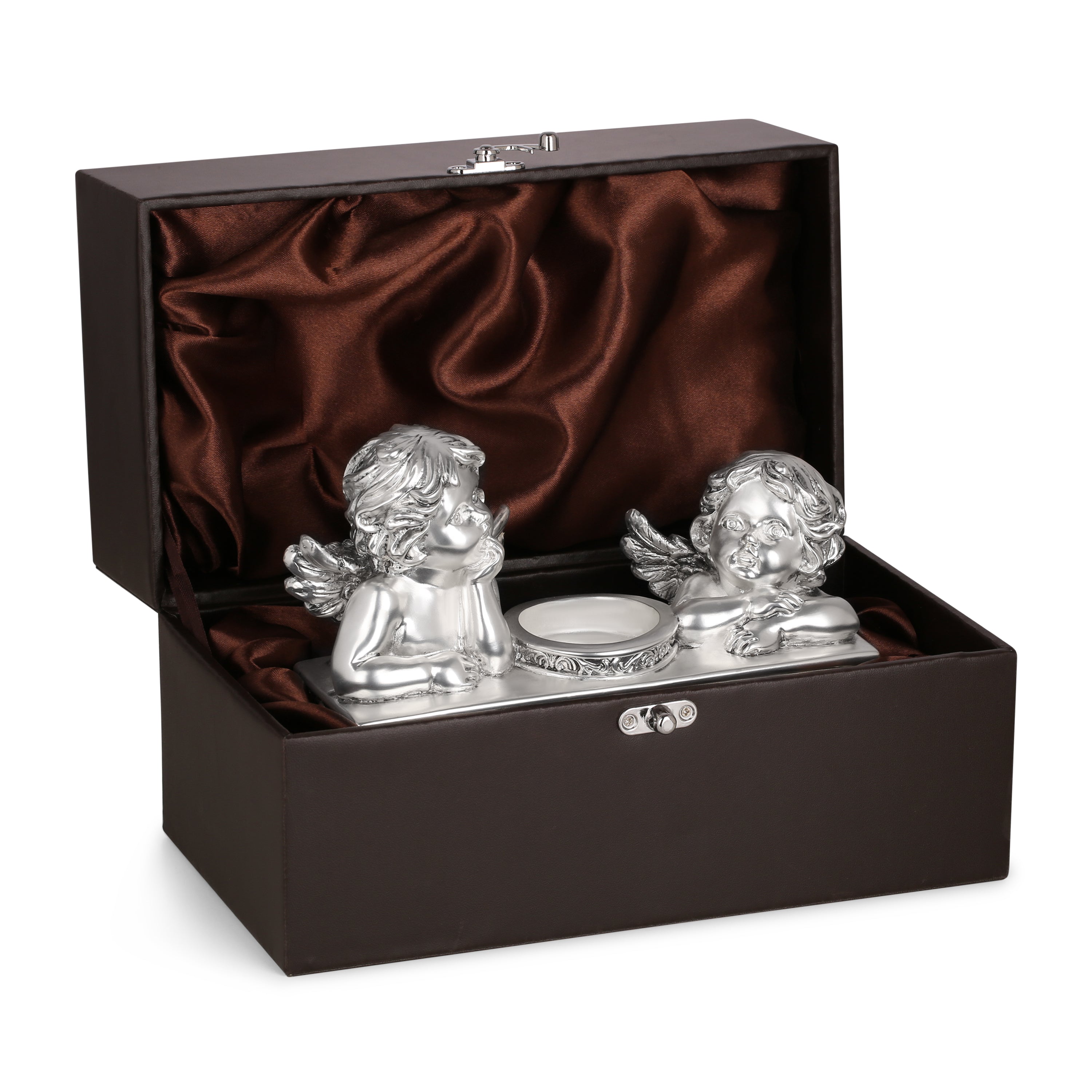 Pair of Angel Flower Tea Light Silver Glossy